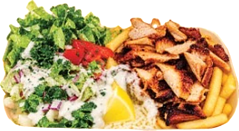 Meat tray with salad, rice and chips